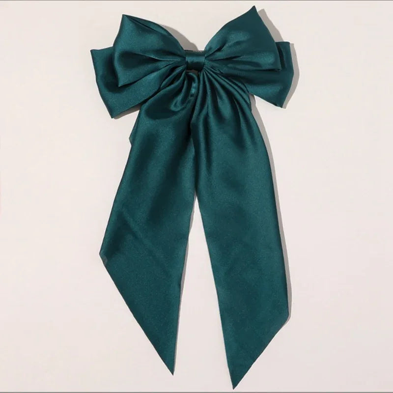 Elegant Women Bow Ribbon Hair Clip Fashion Simple Solid Satin Spring Qme green