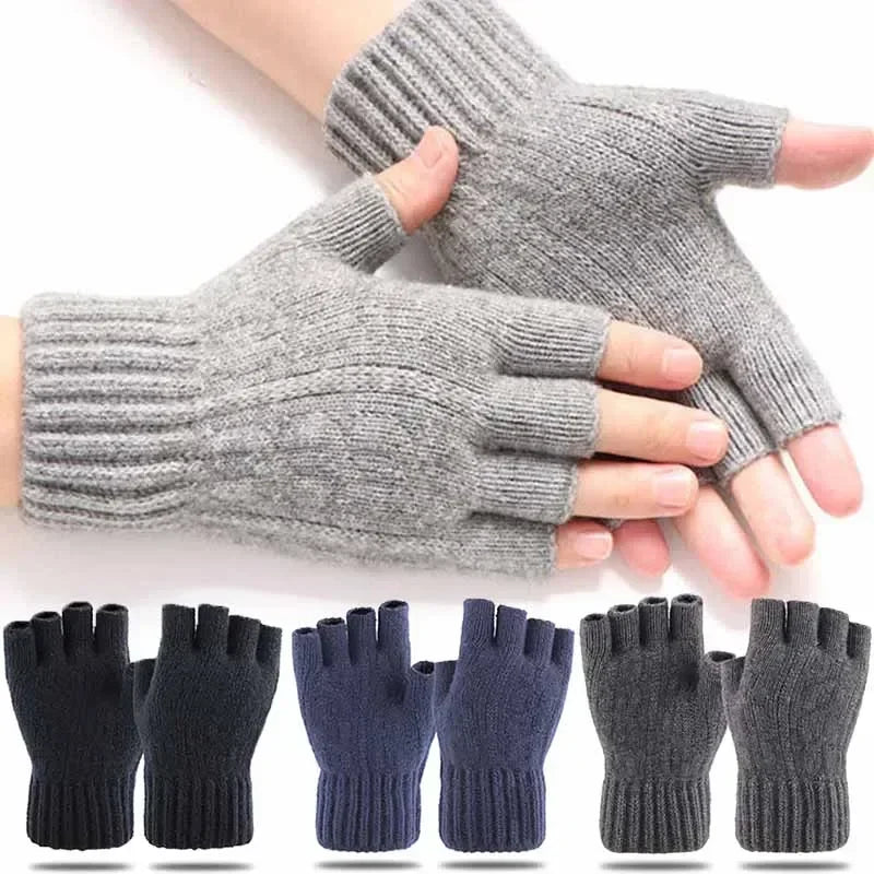 Winter Gloves Men Half Finger Writting Office Cycling Knitted Qme