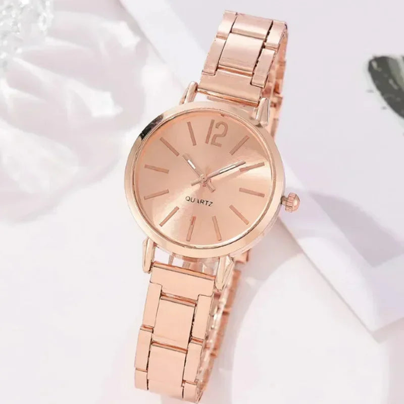 Relógio de pulso de quartzo redondo simples para mulheres, moda inoxidável, pulseira de ouro, relógios femininos, luxo, Qme