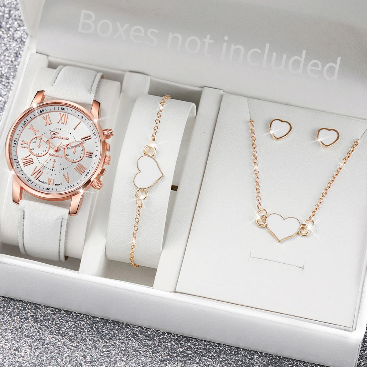 5Pcs Pink Heart Crystal Watch Jewelry Set Women Roman Dial Leather Chronograph Quartz Wristwatch Matching Heart Jewelry Gift Qme D Without Box
