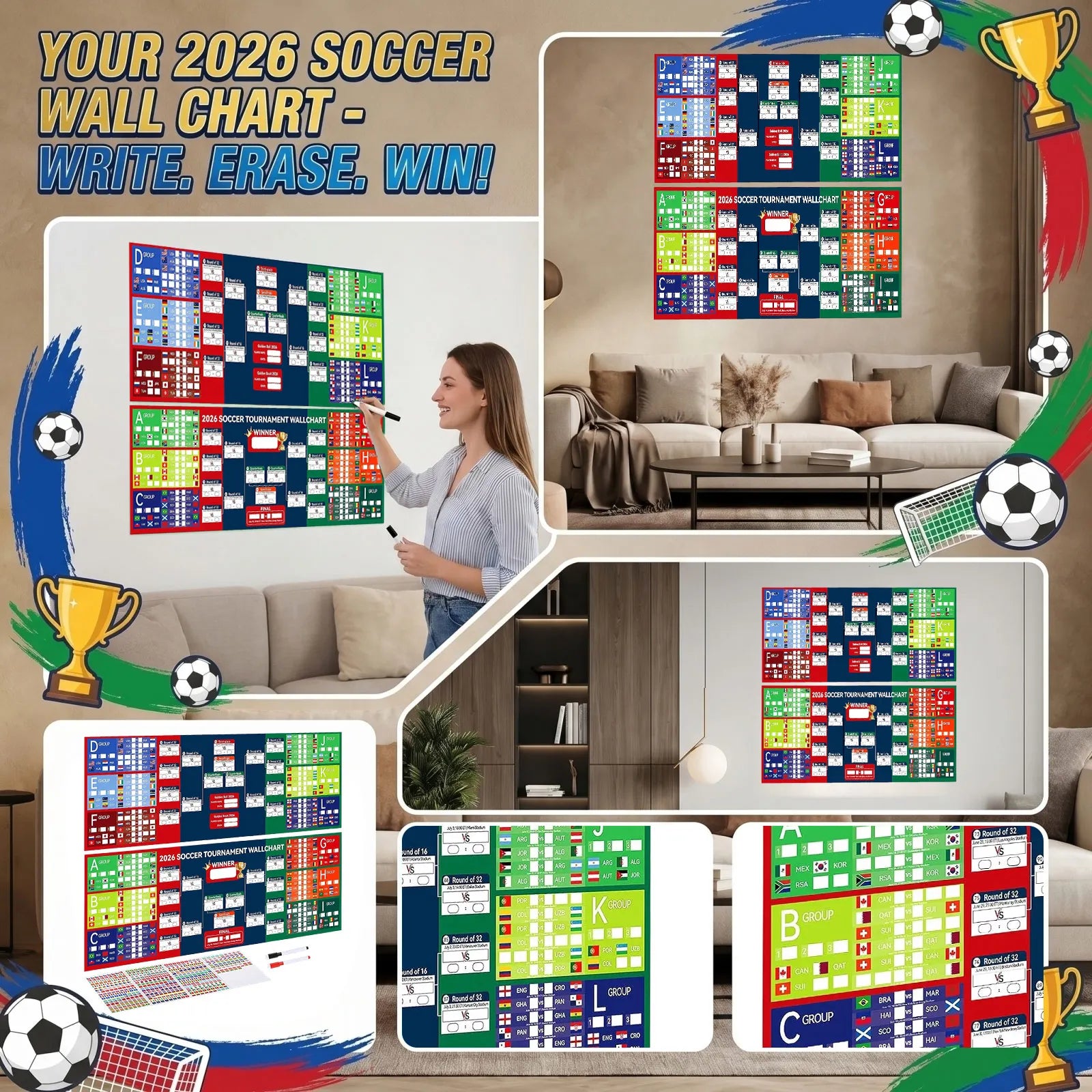 Soccer Event Wall Schedule Poster with Includes 2 Whiteboard Markers and 3 Flag Stickers Activity Background Decoration Props Qme