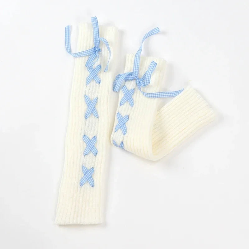 JK Girls Gloves Japanese Kawaii Lolita Fingerless Glove Elbow String Ribbon Ties Up Party Fingerless Gloves Harajuku Leg Warmers Qme