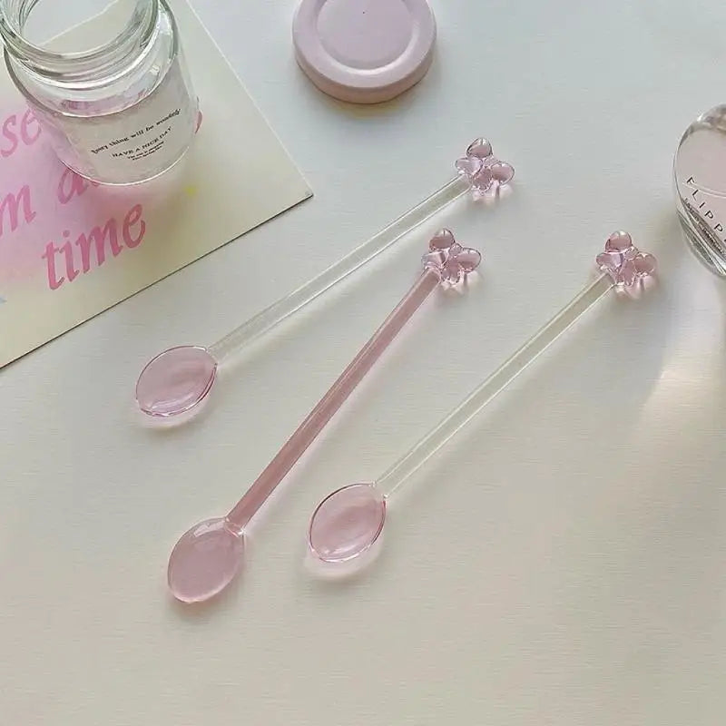 Pink Bow Glass Coffee Spoon, Long-handled Dessert/milk Tea Stirring Spoon, Heat-resistant Teaspoon, Household Kitchen Tool.. Qme