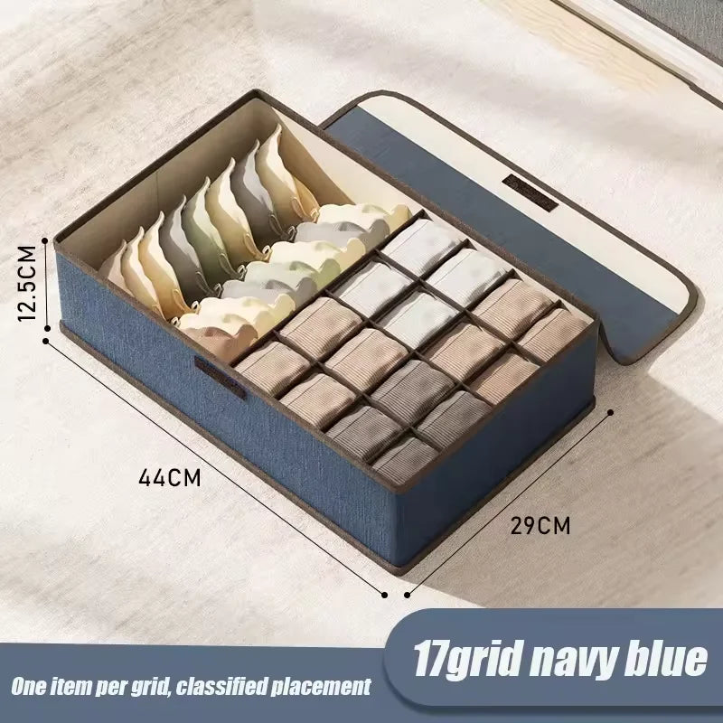 Underwear Storage Box Cotton And Linen Six-compartment Compartment With Lid Underwear Box With Compartments Drawer Style Qme Navy blue 17grid