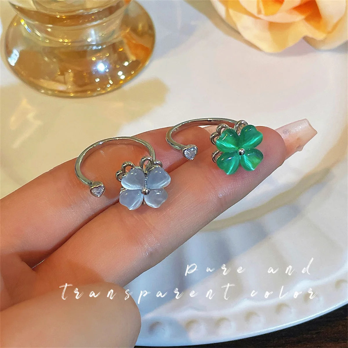Cute Romantic Purple Four Leaf Zircon Flower Adjustable Rings for Women New Charm Gold Color Stainless Steel Finger Jewelry Gift Qme
