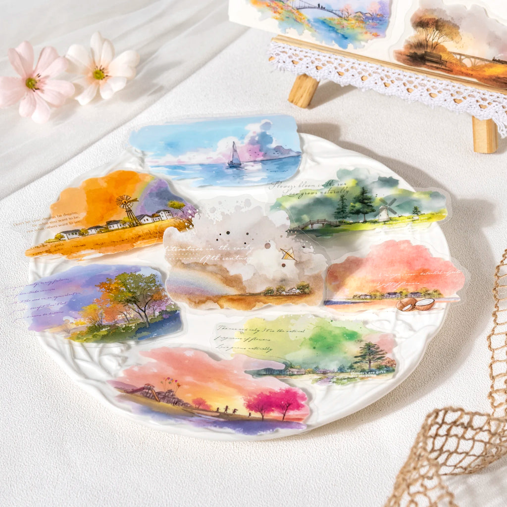 6 Designs Scenery Under Clouds Theme PET Stickers for Scrapbooking DIY Frame Collage Decoration laptop Phone Qme
