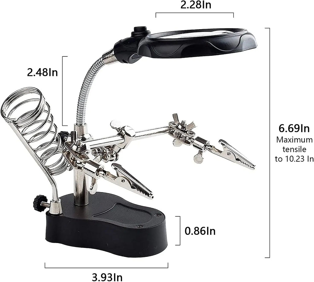 Desktop Magnifying Glass Soldering Station, Adjustable Helping Hands 3.5X 12X Magnifier with LED Light and Alligator Clips Qme