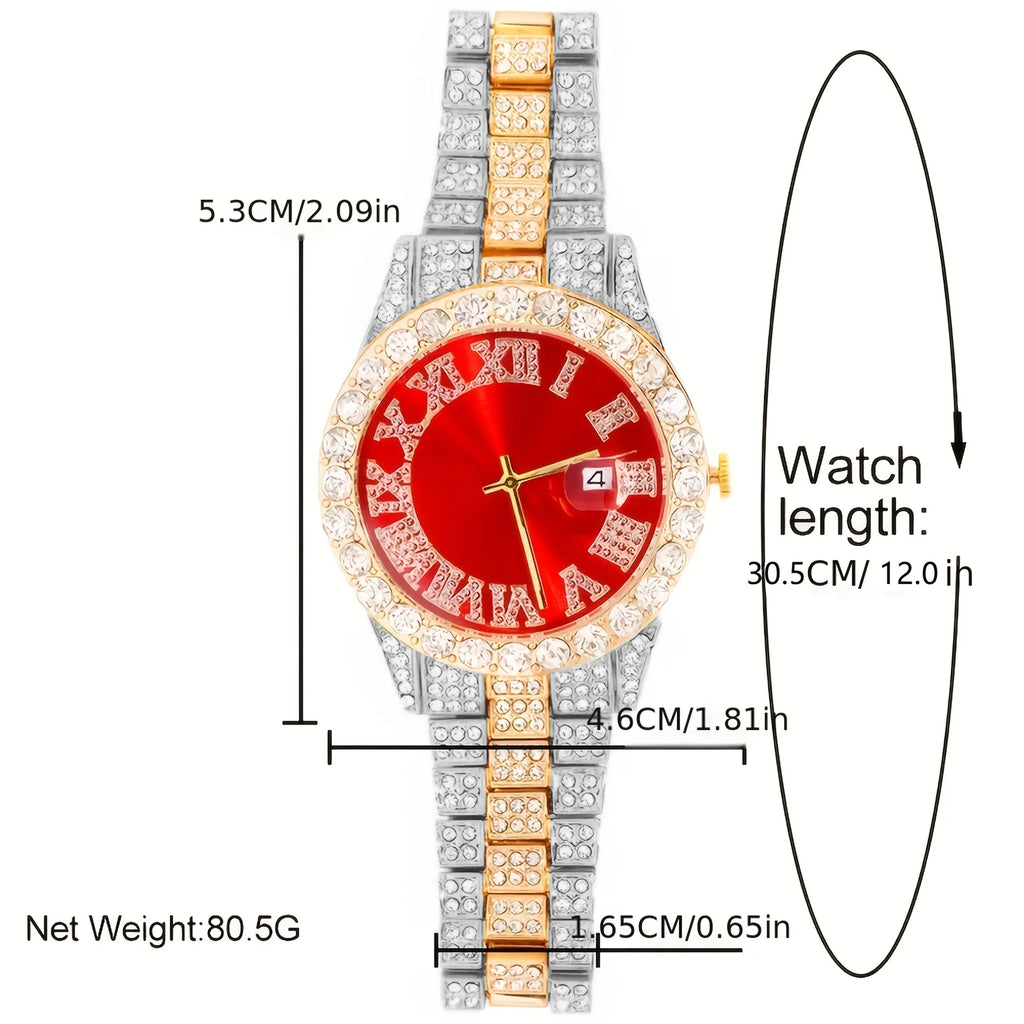 4pcs Foreign Trade Hot selling Men's Diamond Hip Hop Four Piece Set (Watch/Cuban Chain Bracelet/Necklace/Pendant) Qme
