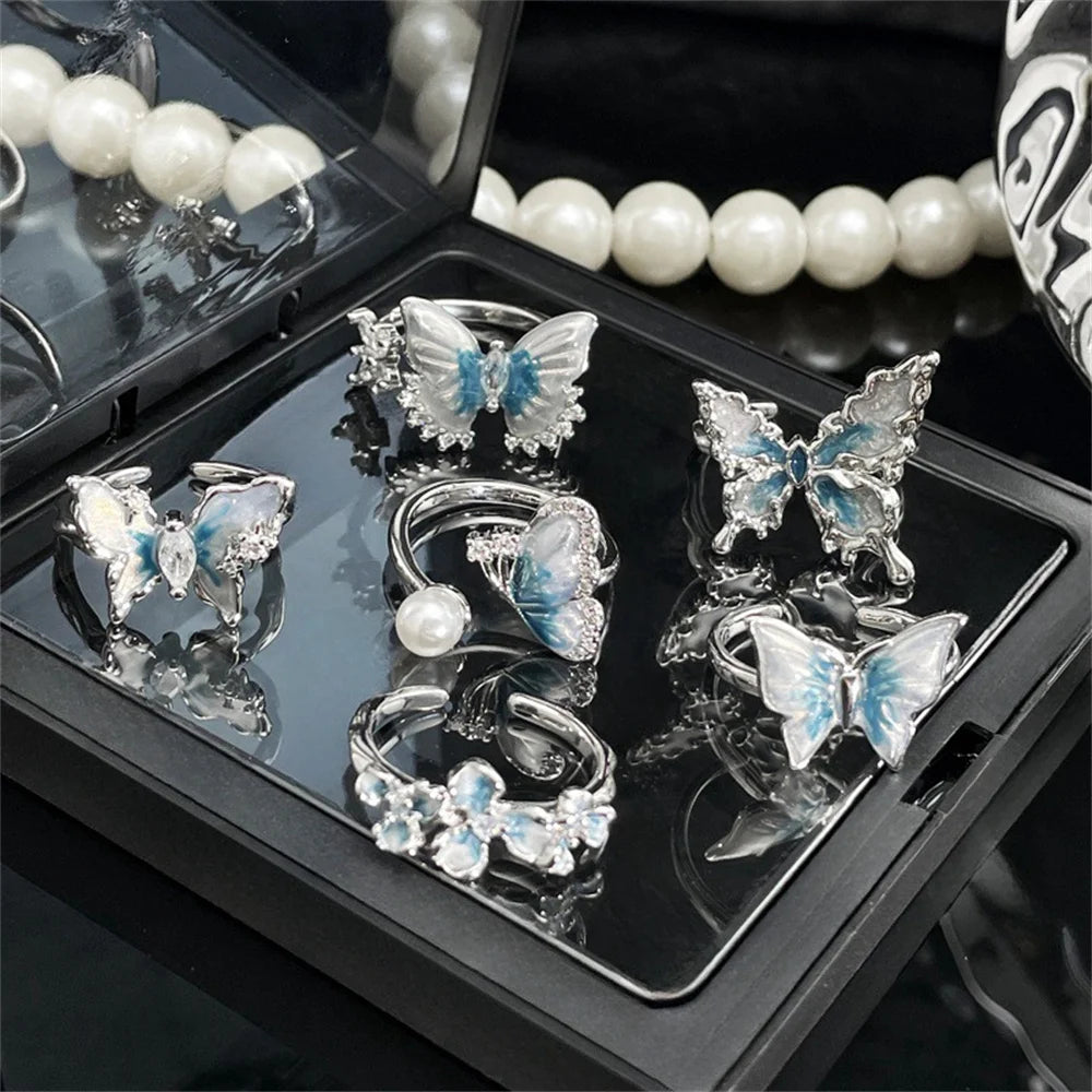 Exquisite Ice Blue Butterfly Open Ring, Fashionable Women's Simple Style Jewelry Party Cocktail Party Accessories Qme