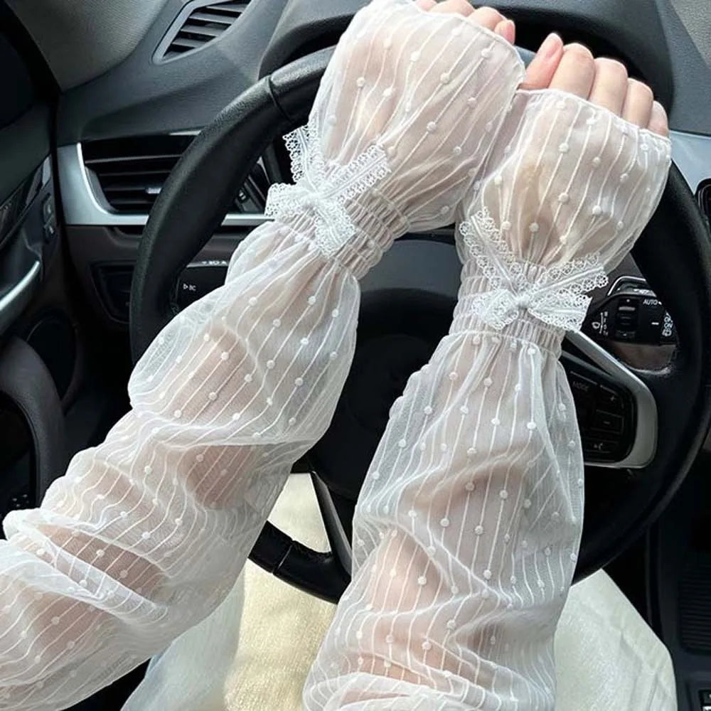 1 pair French Retro Bowknot Lace Sun Protection Sleeves Elastic Ruffle Trim Breathable Lightweight Fabric Mesh Arm Covers Qme