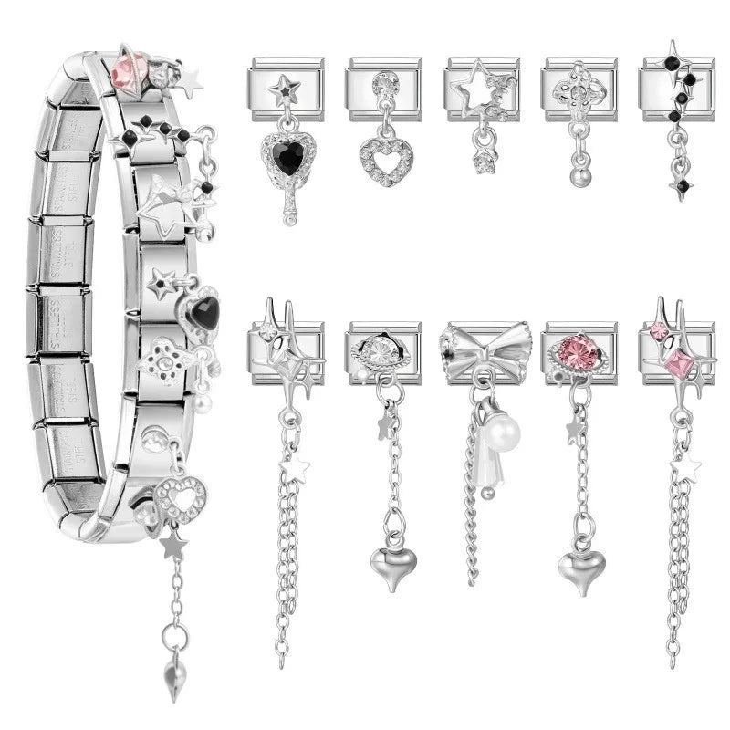 Women Zircon Pink Black Shiny Stars Heart Bow Pearl Pendant Italian Charm Links Fit 9mm Stainless Steel Bracelet DIY Making Gift Qme