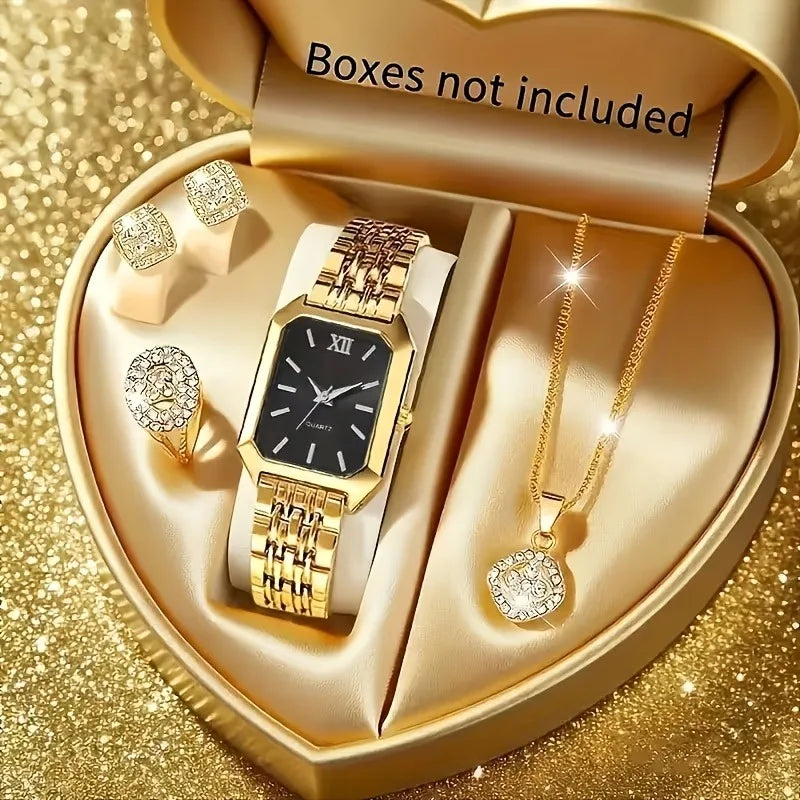 5PCS/Set Elegant Rectangle Women Watches Fashion Roma Dial Ladies Quartz Wristwatch Rhinestone Jewelry Set（Without Box） Qme