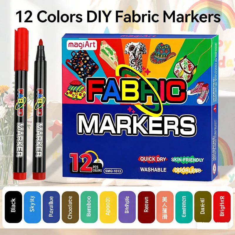 12/24/36 Color Fabric Markers Non Toxic Indelible Permanent Fine Tip Textile Marker Pen for Clothing Fabric Drawing DIY Art Qme 12 Colors