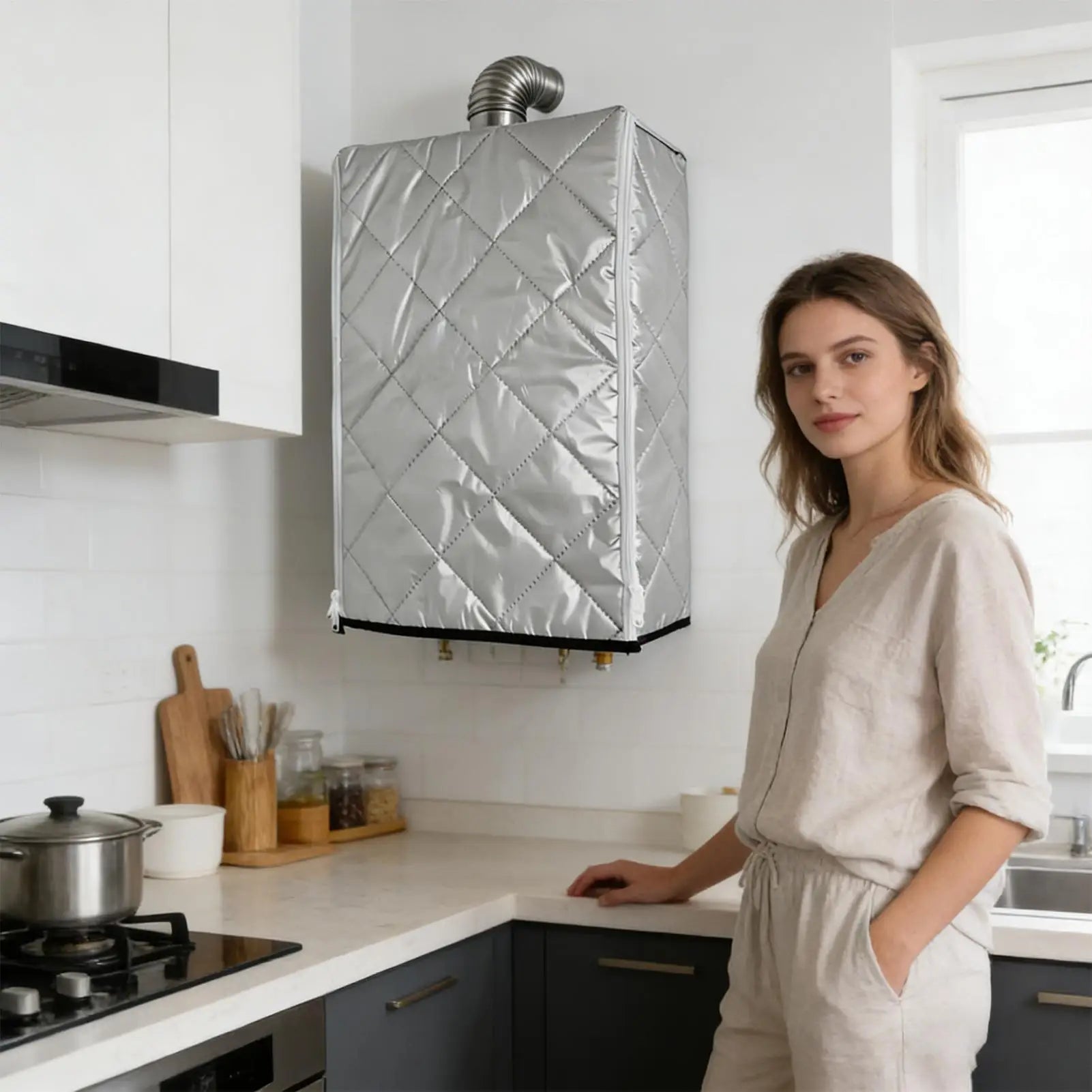 Tankless Water Heater Cover Insulated Kitchen Appliance Blanket with Zippers Thickened Water Heater Enclosure Cover for Freezing Qme
