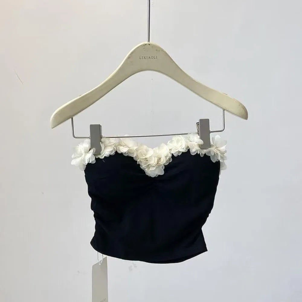 Socialite Style 3D Flower Camisole 3D Flower Decoration Slim Fit Tanks Suspender Vest Wrap The Chest Sleeveless Qme Black One Size