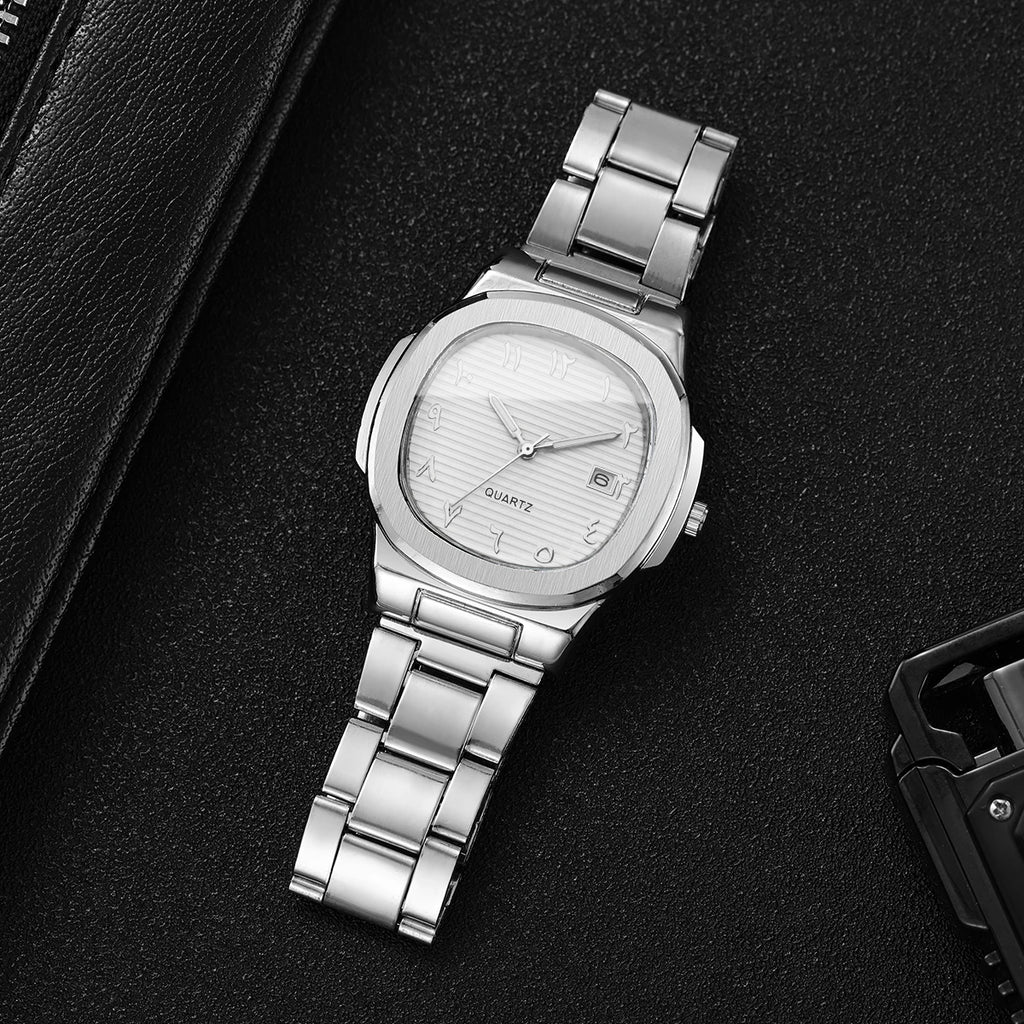 2-in-1 Casual Jewelry Set for Men, Silver White Dial Watch + Cuban Bracelet, Silver Tone Qme