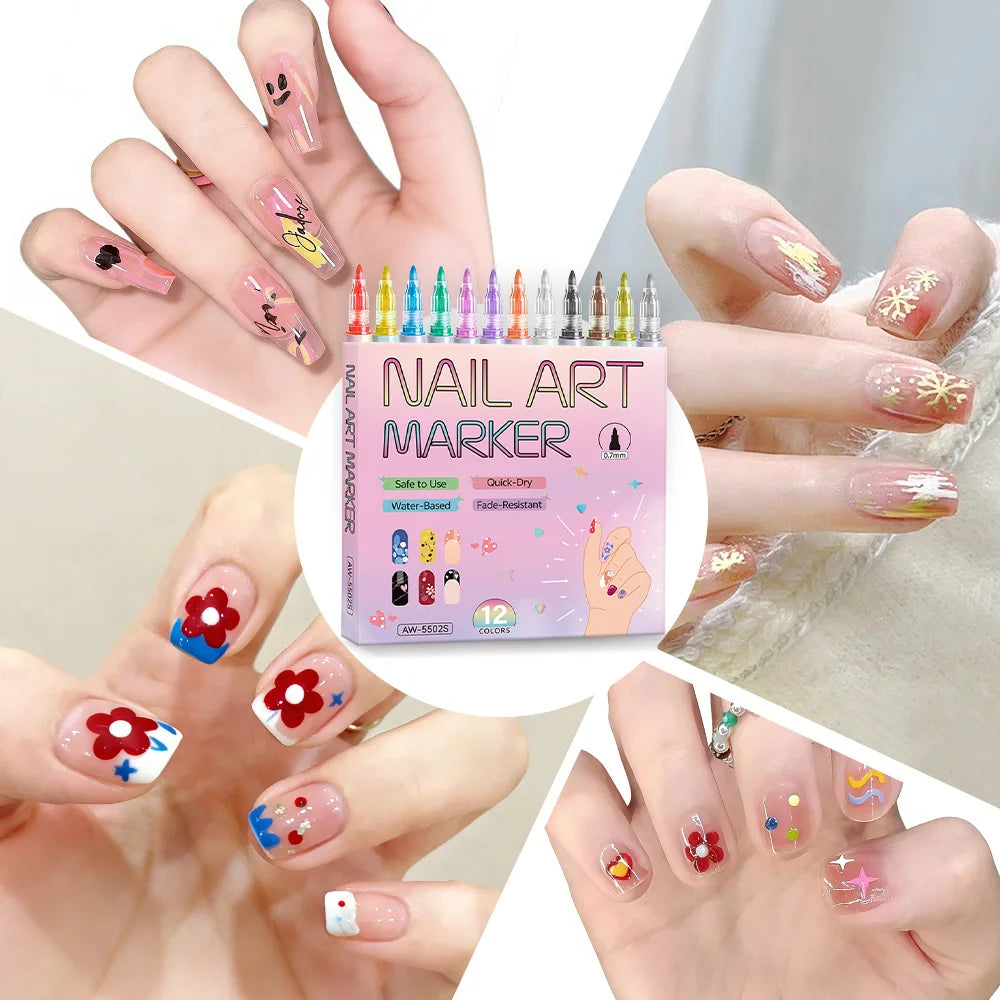 12 Nail Art Pens Waterproof Quick-drying Polish Pen Precision Drawing Qme