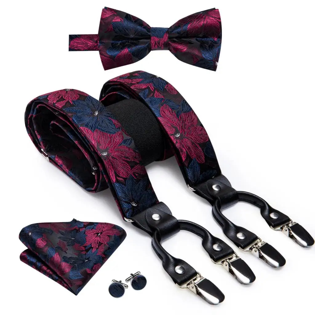 Hi-tie Jacquard Woven Silk Gold Mens Suspender Braces Bow Tie Hanky