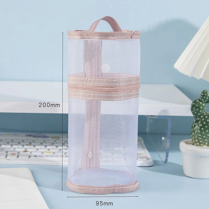 Mesh Dual-use Makeup Brush Storage Bag Portable Stand-up Pouch Large Qme Pink