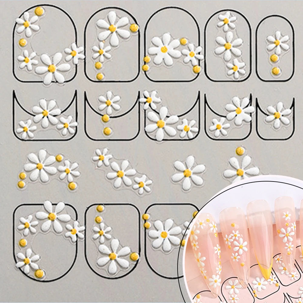3D Embossed Floral Spring White Flowers Nail Stickers DIY Simple Qme GJ-3D-F-0014