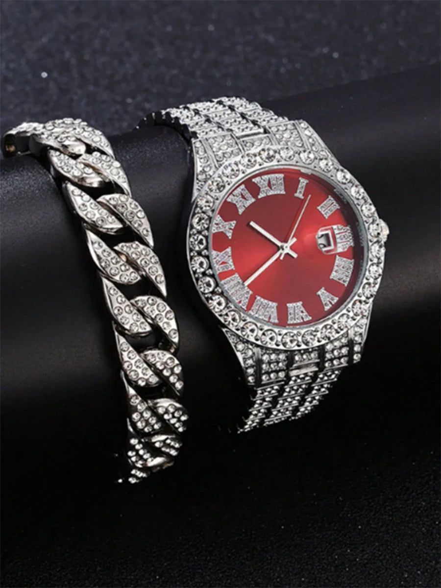 Hip Hop Watch Male Watch Luxury Water Proof Brand Watches Stainless Steel Round Clock Men Quartz Wristwatches Gift Boyfriend Qme silver red set