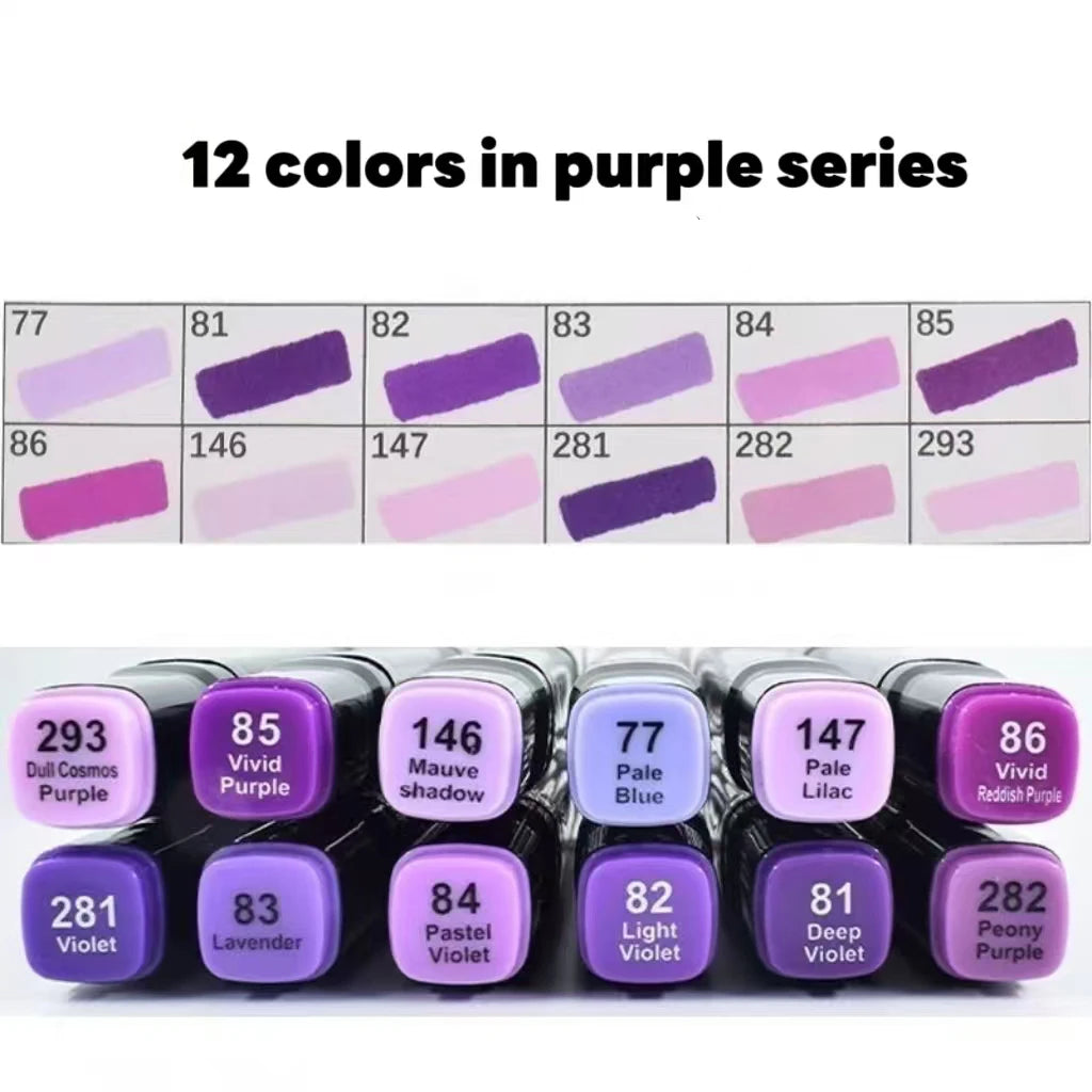 12 Pcs Oily Marker Pen Set Art Alcohol Based Markers Dual Tips Sketching Drawing Graffiti Manga School Art Supplies Qme Purple Series