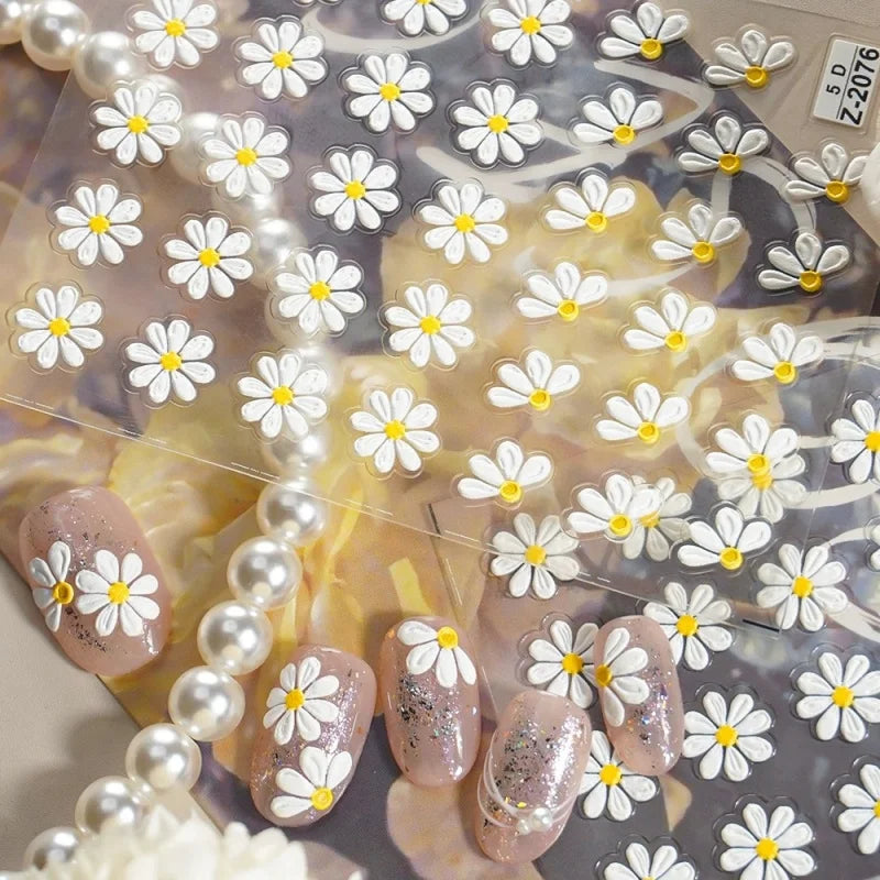 5D Flower Daisy Embossed Stickers Nail Sliders Decals Daisy White Florals Petals Flowers Back Glue Nail Sticker Decoration Qme