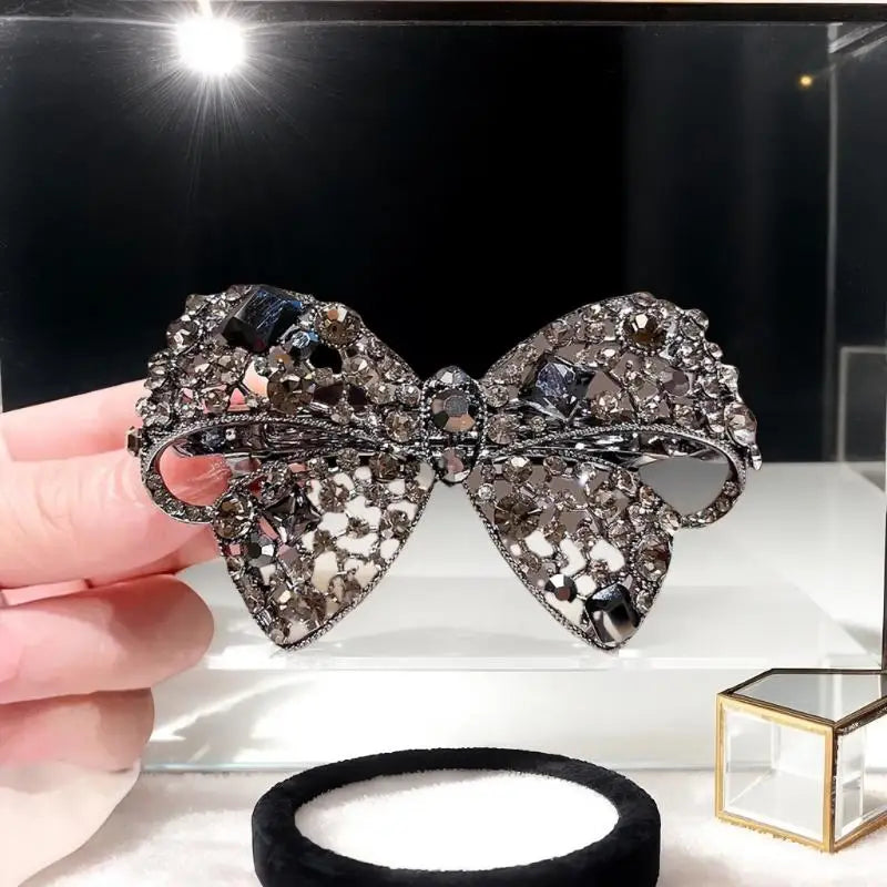 Shiny Rhinestone Hollow Bow Hairpin High-end Black Crystal Side Bangs Qme