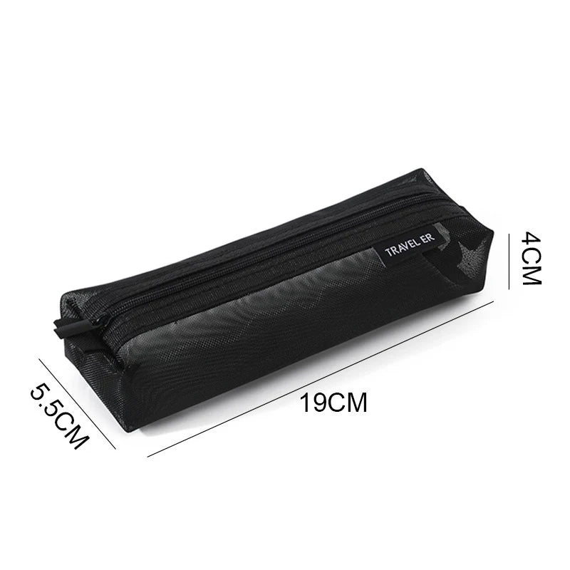 Mesh Pencil Case Transparent Kawaii Cute Simple Beautiful Bag Qme S black
