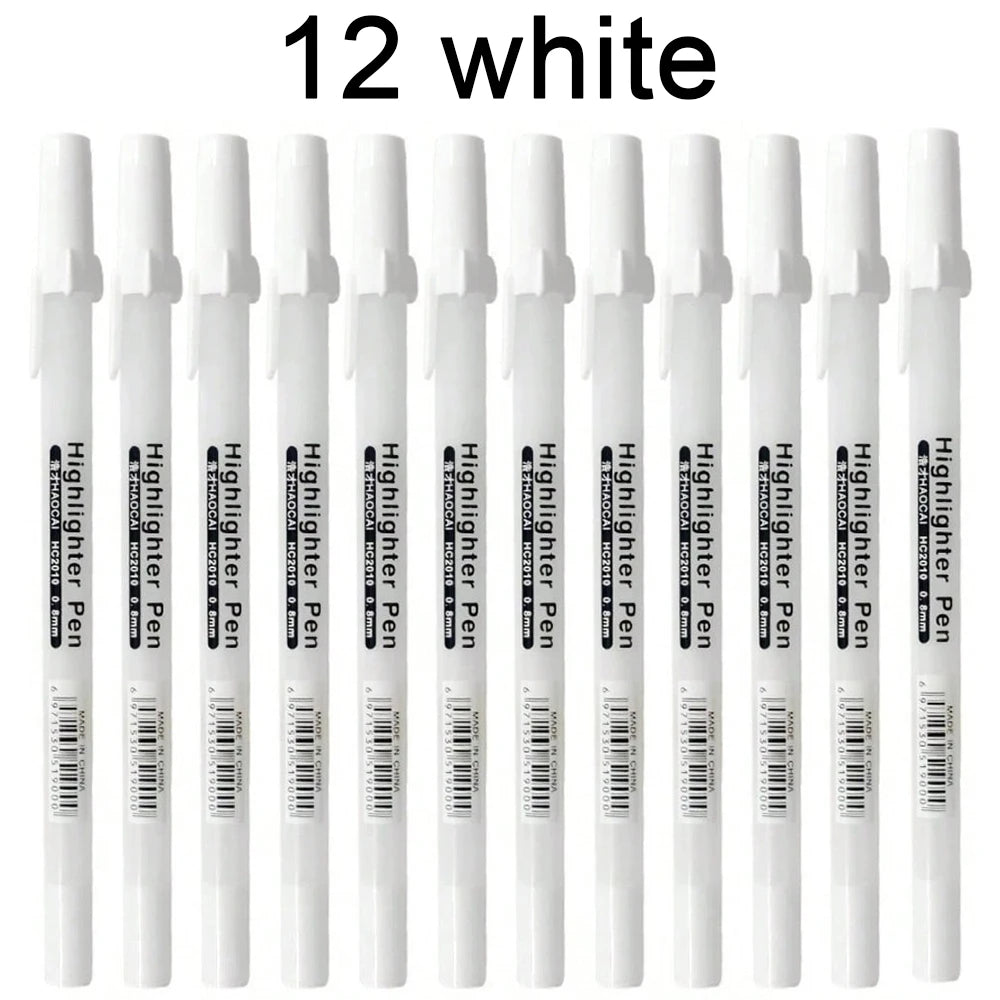 2-12Pcs 0.8mm Metallic White Highlight Gel Pens Permanent Graffiti Drawing Markers Art Craft Writing Stationery Supplies Qme 12 white pen