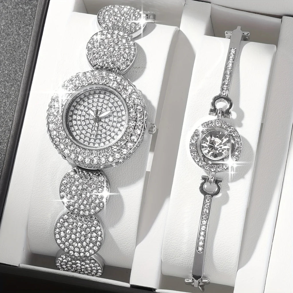2pcs/set Women's Watch Luxury Rhinestone Quartz Bracelet Watch Stainless Steel Bangle Cuff Watch & Bracelet, Gift For Mom Her Qme Silver