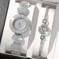 2pcs/set Women's Watch Luxury Rhinestone Quartz Bracelet Watch Stainless Steel Bangle Cuff Watch & Bracelet, Gift For Mom Her Qme Silver