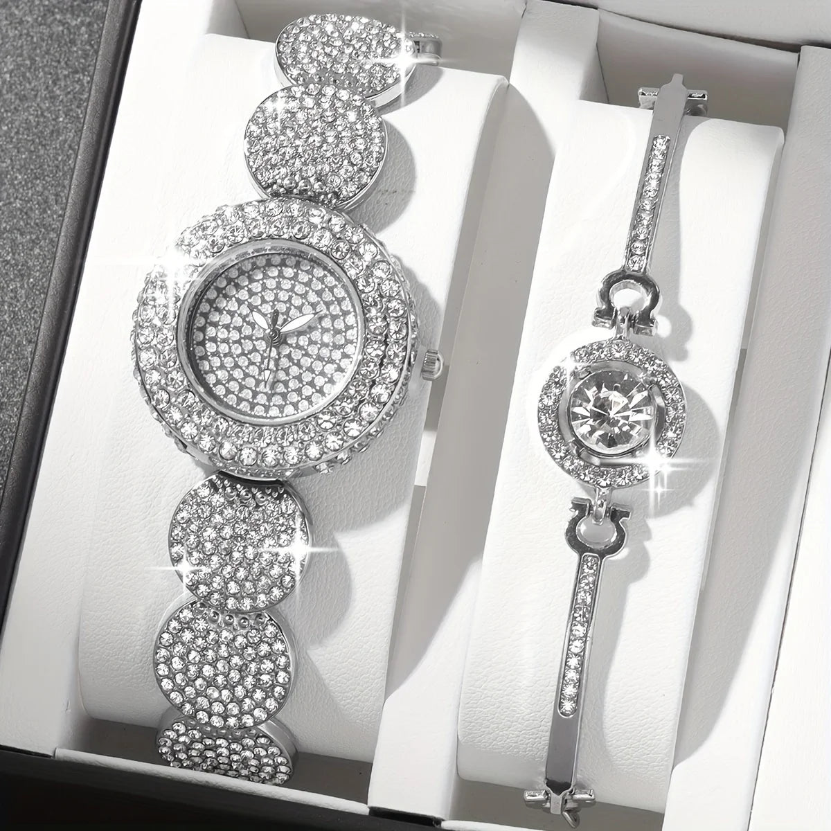 2pcs/set Women's Watch Luxury Rhinestone Quartz Bracelet Watch Stainless Steel Bangle Cuff Watch & Bracelet, Gift For Mom Her Qme Silver