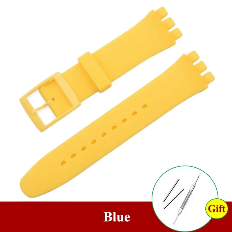 16mm 17mm 19mm 20mm Soft Silicone Bracelet Colorful Watchband for Swatch Watch Strap Replacement Watches Accessories with Tool Qme Yellow 19mm