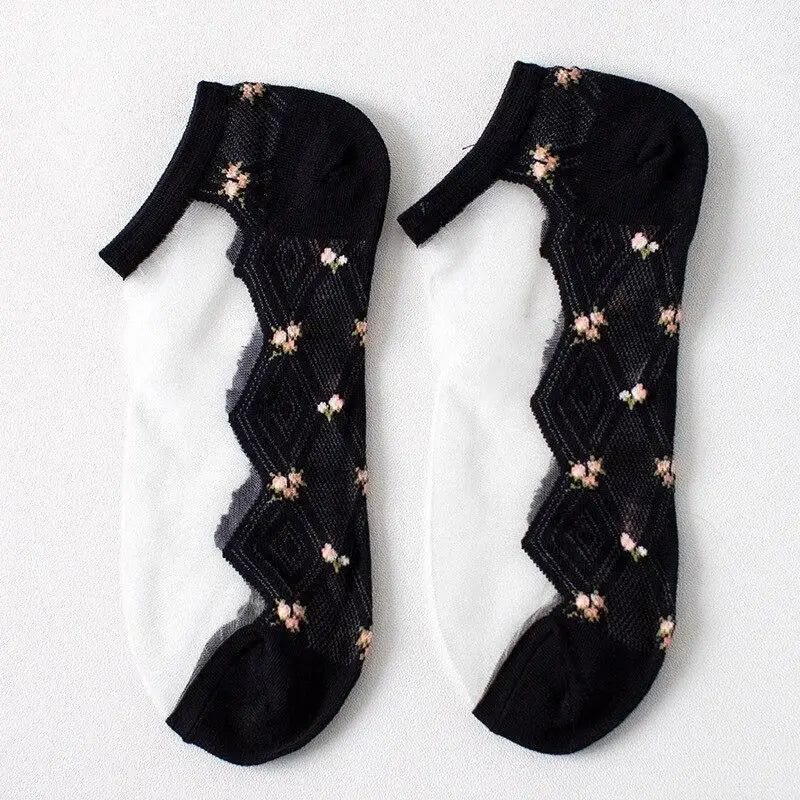 Women Fashion Summer Glass Stockings Thin Small Floral Card Silk Qme