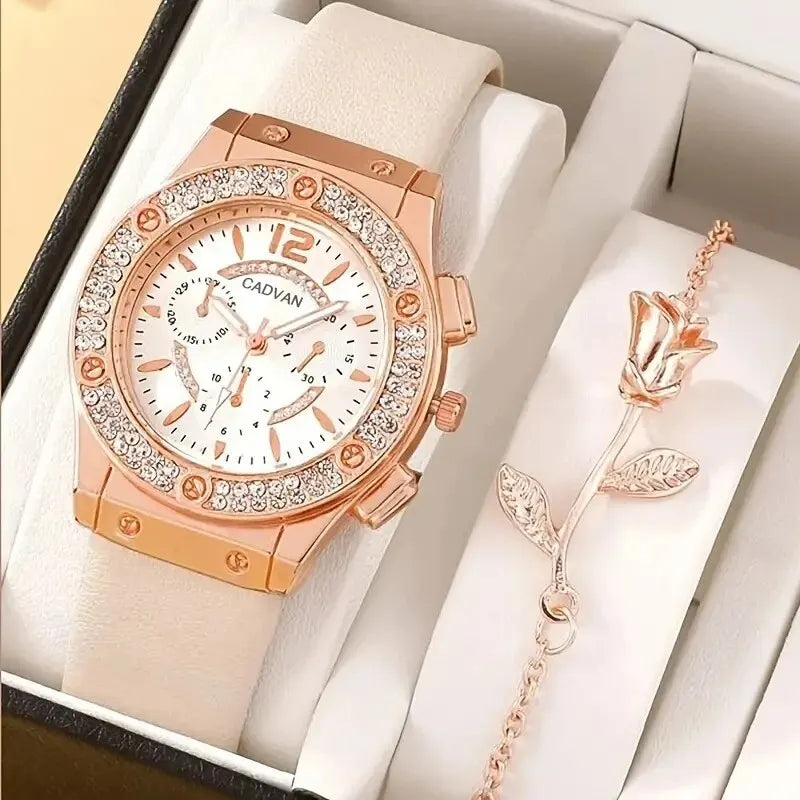 2pcs/set Watches Set Luxury Rhinestone Women Fashion Elegant Wristwatch Quartz Watch Qme WHITE