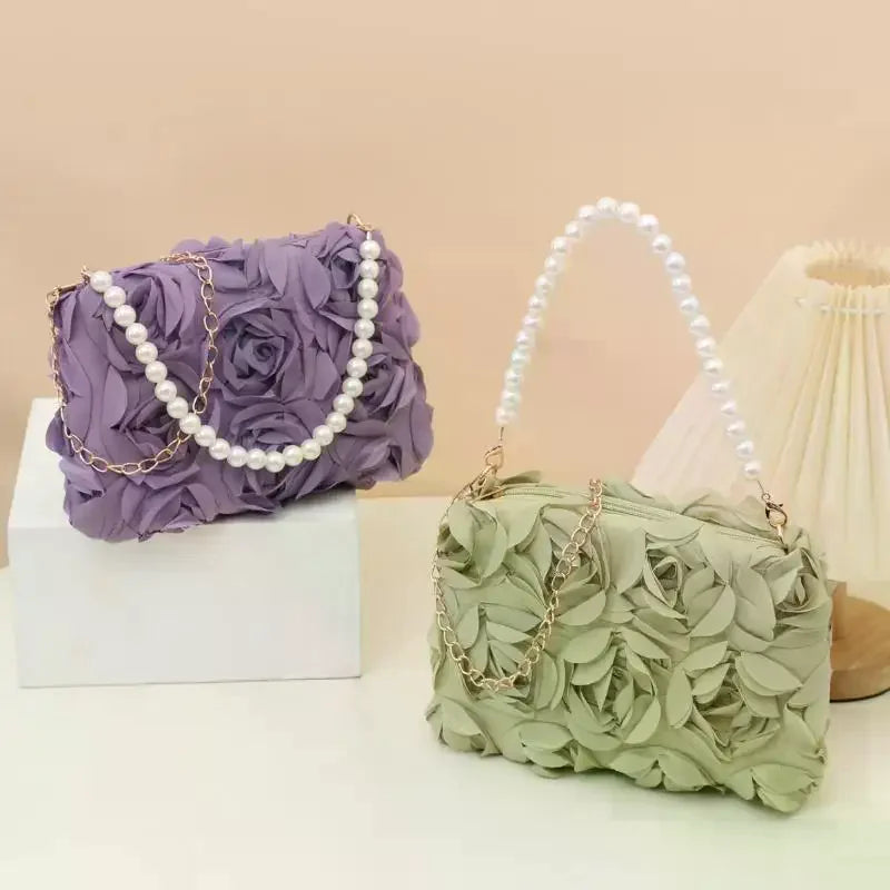 Ladies 3D Rose Floral Shoulder Bag With Pearl Handle Detachable Chain Perfect For Wedding Party Evening Date Qme