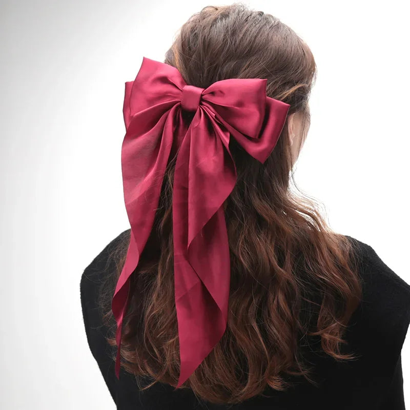 Elegant Women Bow Ribbon Hair Clip Fashion Simple Solid Satin Spring Qme wine red