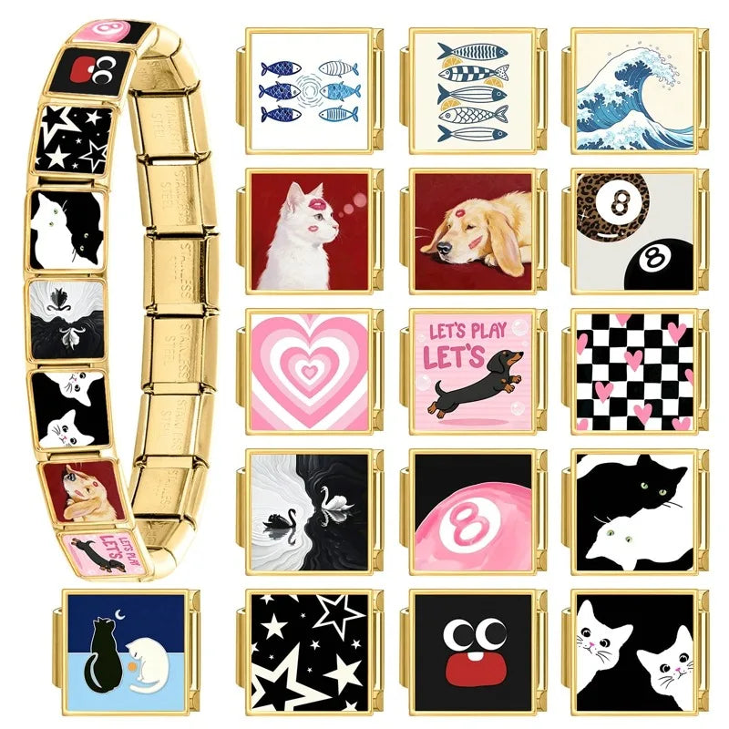 Black Golden Series Cute Cats Dogs Swan Heart Stars Italian Charm Link Fit 9mm Stainless Steel Bracelet DIY Making Jewelry Gifts Qme