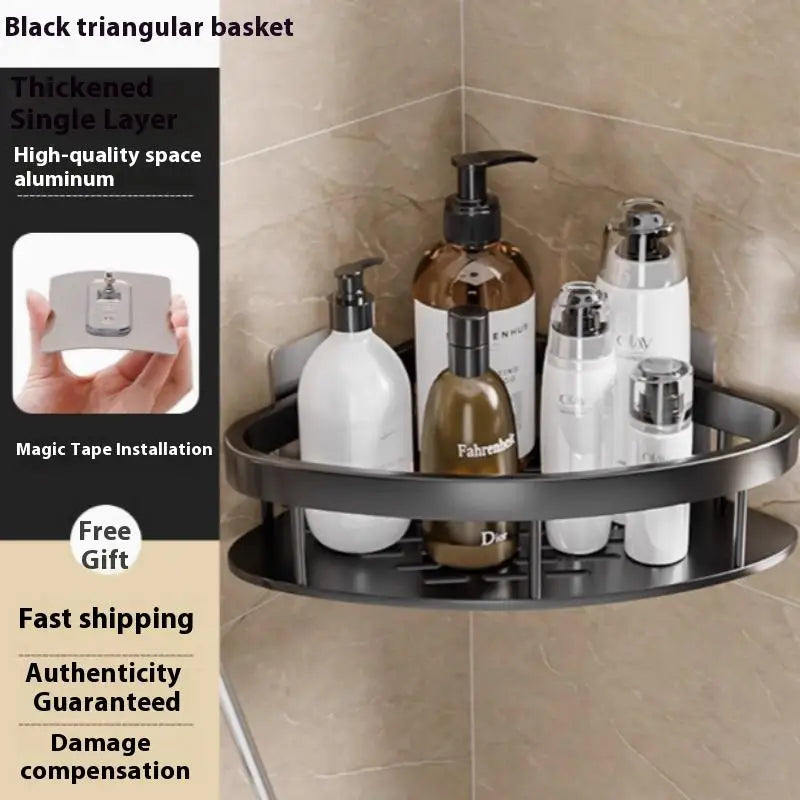Corner Shelf Wall Soap Holder Bathroom Organizer Rack Punch-free Qme Black B 1pcs Alloy