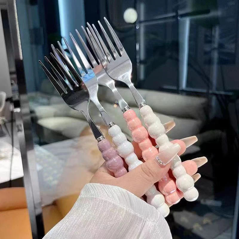 Pearl Handle Fork For Dessert Household Steak Stainless Steel Fork Salad Fork Dessert Pasta Fork Kitchen Accessories Gadgets. Qme