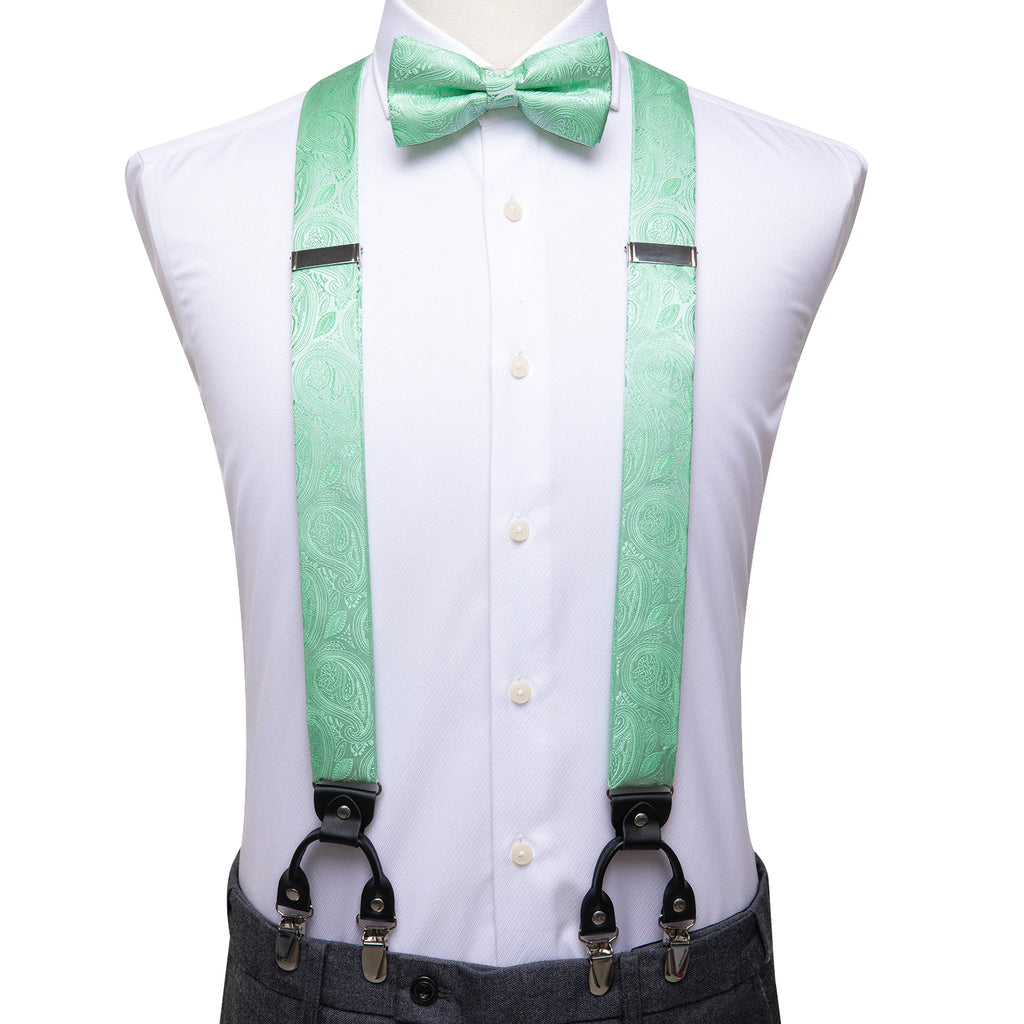Hi-Tie Silk Men's Suspender Metal 6 Clips on Braces Bow Tie Hankerchief Cufflinks Male Wedding Party Business Vintage Adjustable Qme