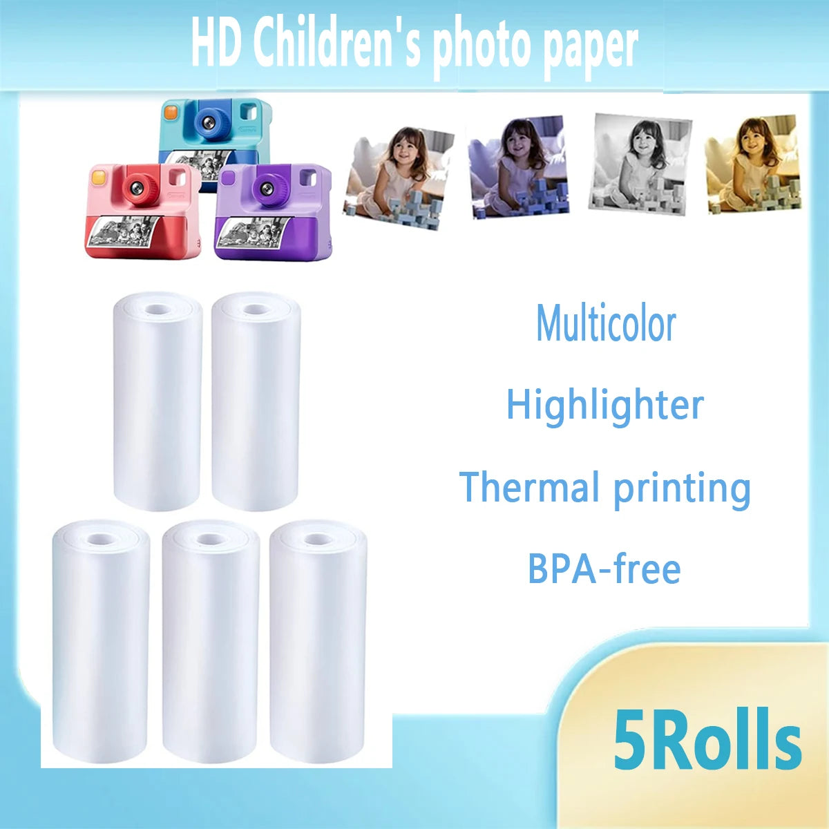Kids Camera Paper Roll, Kids Instant Refill Paper, 4 Color Portable Thermal Printing Camera Photo Paper Rolls 57*25mm Qme M-WHITE57-25-5