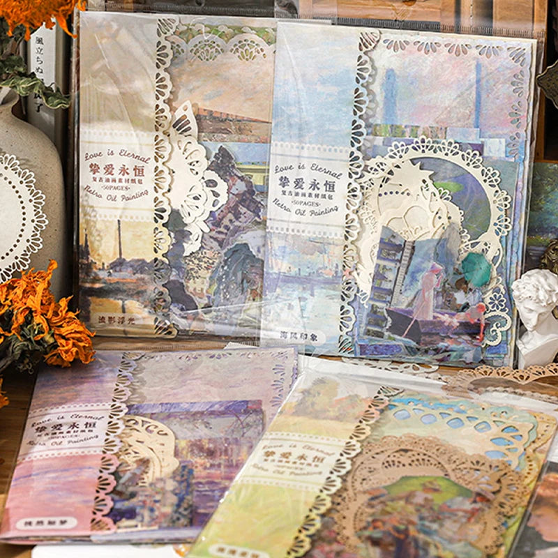 Impressionist Figure & Landscape Art Material Pack, Oil Painting Style with Scrapbook Paper, Stickers, Ideal for Junk Journal Qme