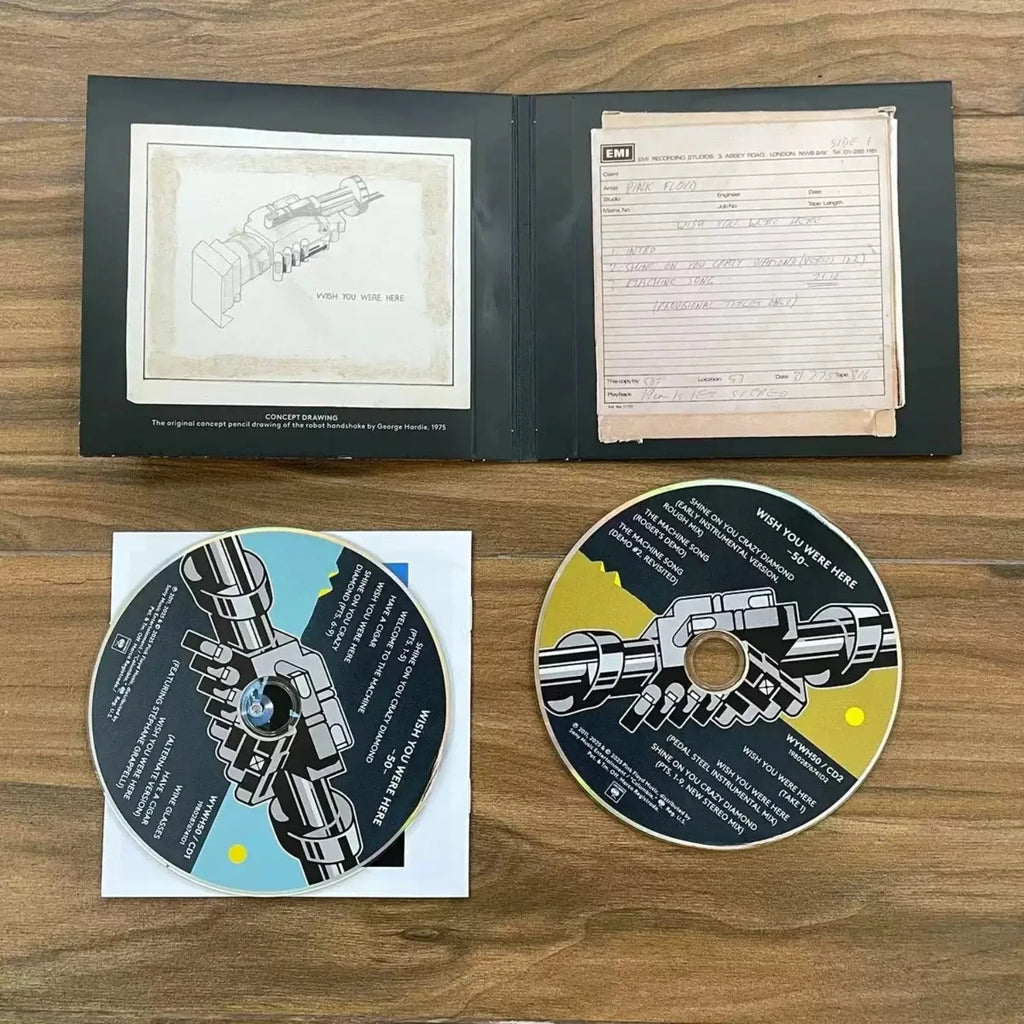 Progressive Rock Band 2-CD Anniversary Album, "Wish You Were Here" Vintage Sticker Cover Design, Tracks for Music Collectors Qme