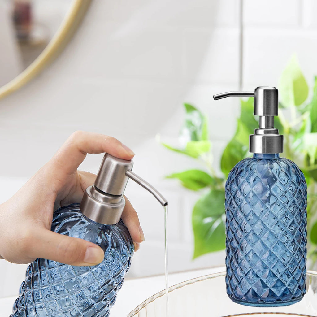 Glass Soap Dispenser Rust Proof Stainless Steel Pump Gem Patterned Qme