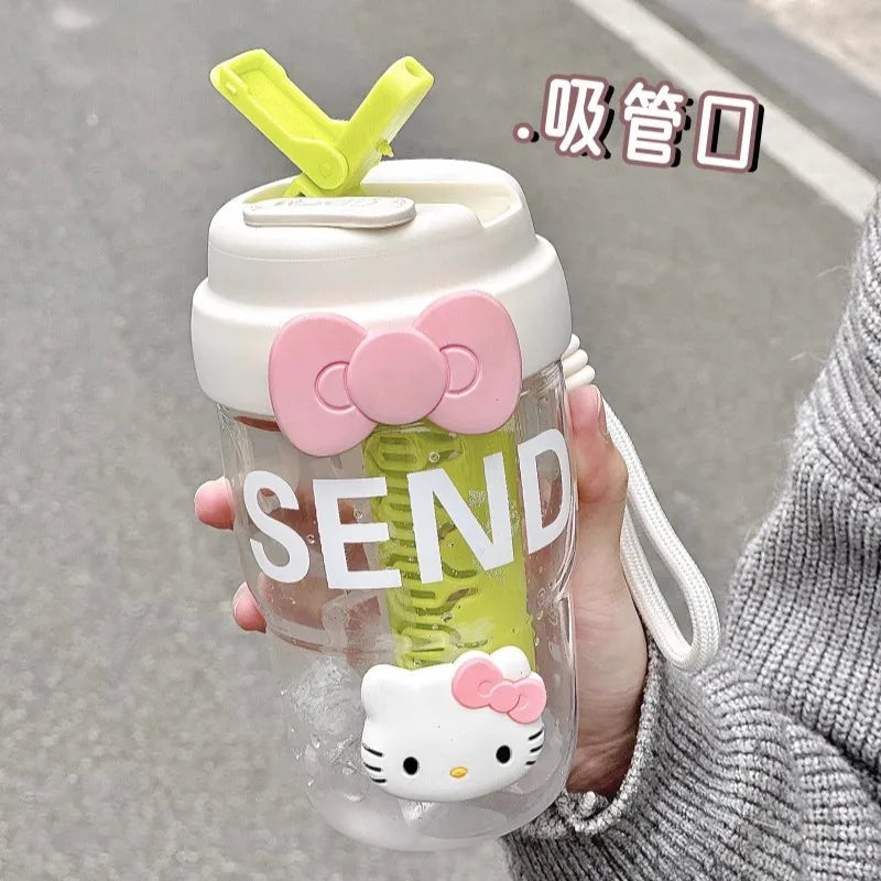 Hello Kitty Stylish Water Bottle with Straw Durable Outdoor Plastic Cup Portable Dual-Chamber Travel Mug for Students Qme 2 580ml