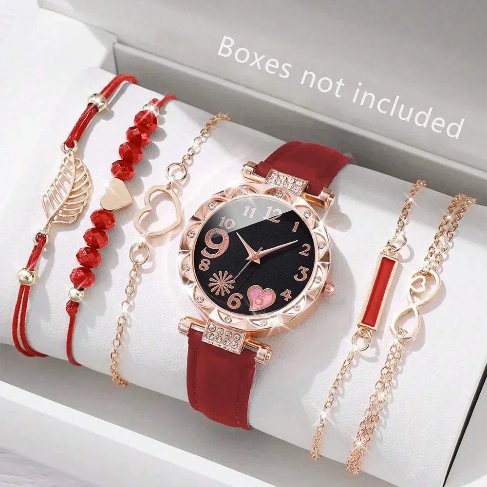 Conjunto de relógio de pulso analógico de couro feminino, pulseira de quartzo feminino, moda feminina, 6pcs Qme Boxes not included 2