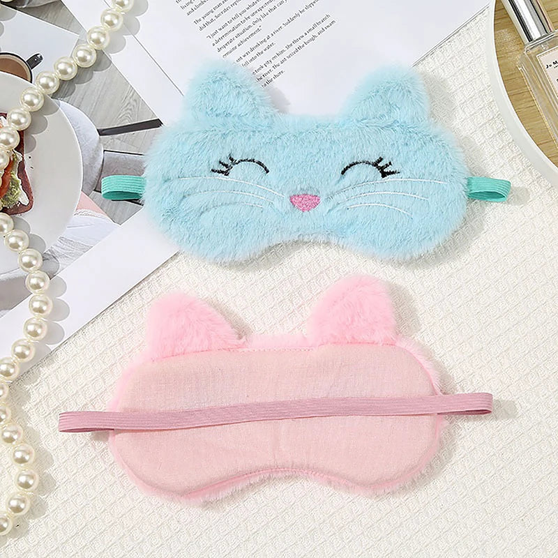 Cute Cartoon Cat Plush Sleep Mask Comfortable Eye Cover Travel Home Qme