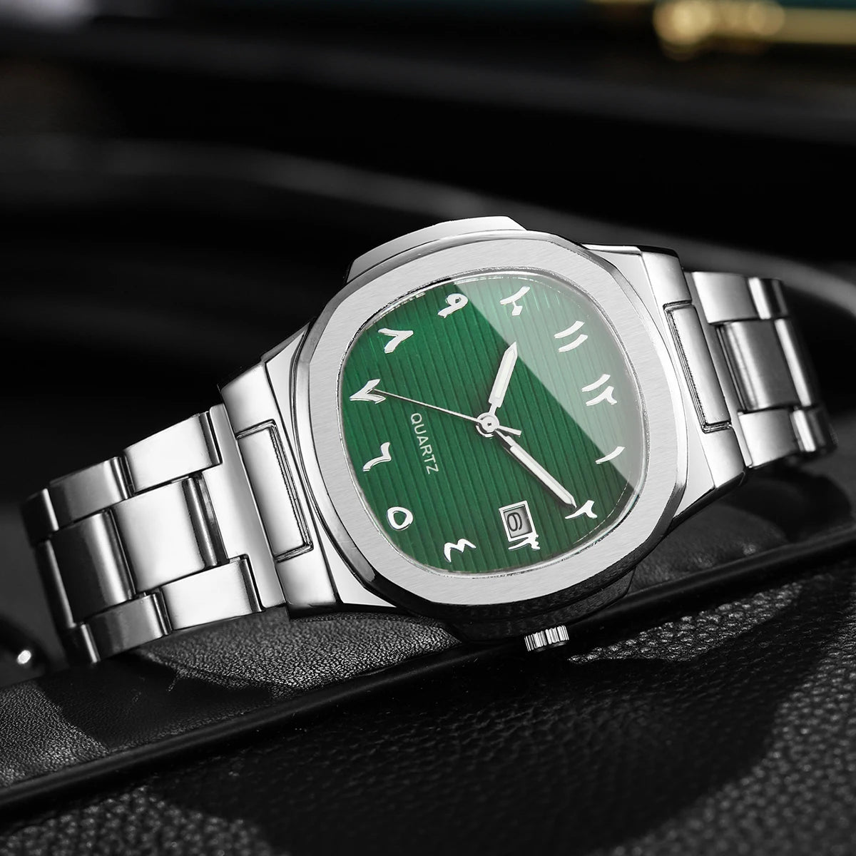 Men's Silver Watch Jewelry Set, 2Pcs Green Dial Arabic Numeral Watch + Cuban Bracelet, Minimalist Casual Style Qme